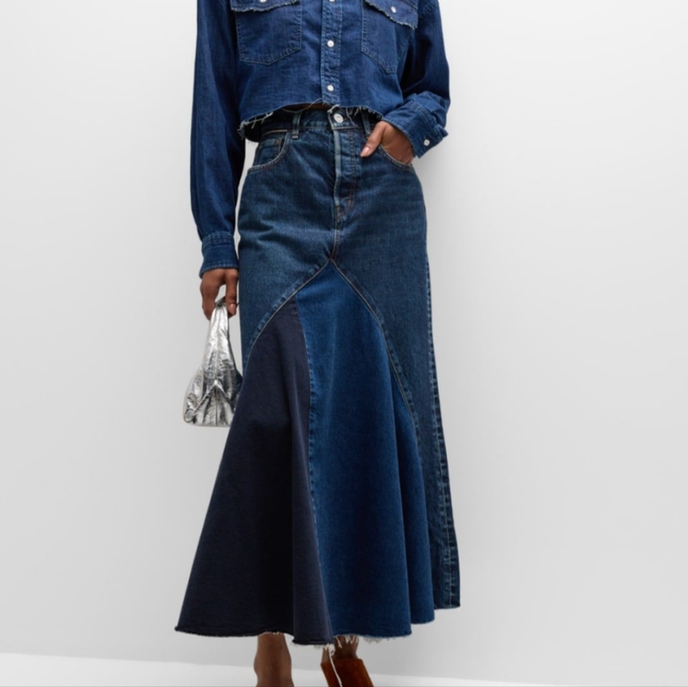 NWT Moussy Vintage MV Vicksburg Patchwork Maxi denim skirt in dark blue